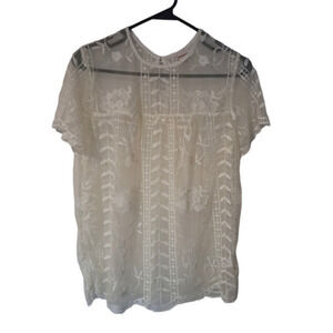 Merona Womens Tunic Short‎ Sleeve Sheer Lace Top White Floral Sz S